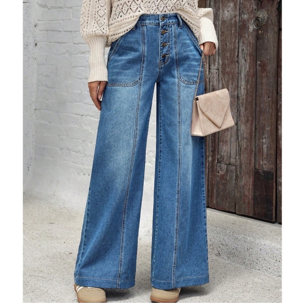 Medium Wash Blue Wide Leg Button Fly Denim Jeans 26 27 28 29 30 31